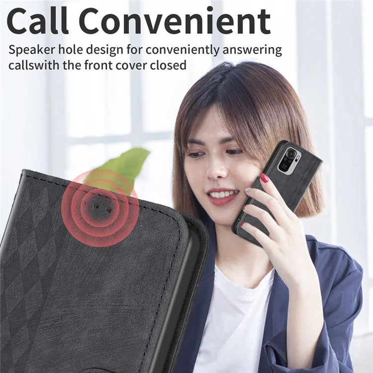 For Xiaomi Redmi Note 10 4G / 10S 4G / Poco M5s 4G Stand Wallet Phone Case Grid Pattern Imprinting Cover - Black