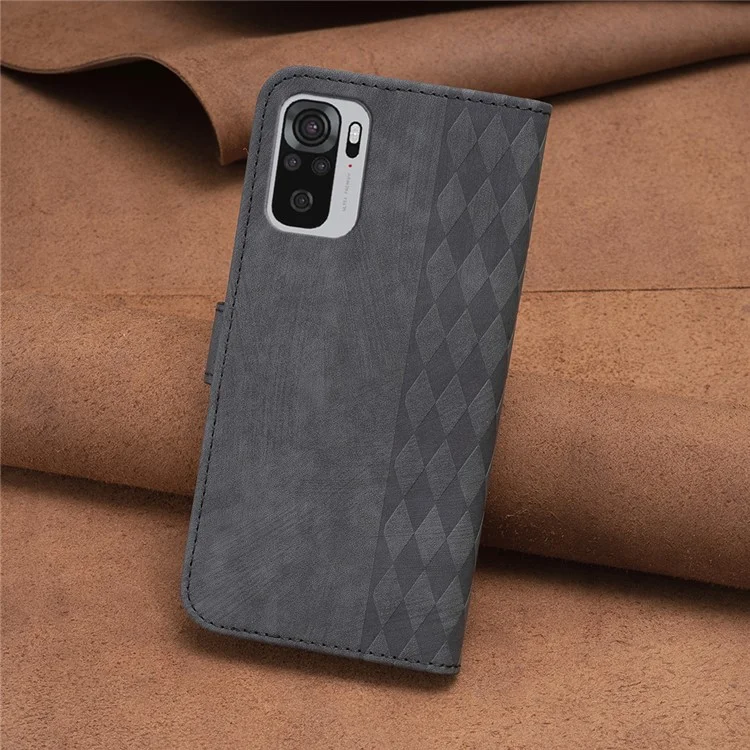 For Xiaomi Redmi Note 10 4G / 10S 4G / Poco M5s 4G Stand Wallet Phone Case Grid Pattern Imprinting Cover - Black