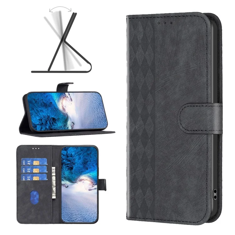 For Xiaomi Redmi Note 10 4G / 10S 4G / Poco M5s 4G Stand Wallet Phone Case Grid Pattern Imprinting Cover - Black