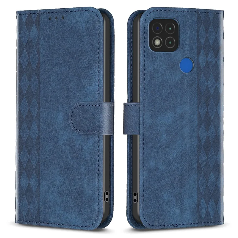 Stand Shell for Xiaomi Poco C31 / Redmi 9C / 9C NFC / 10A Phone Wallet Case Grid Pattern Imprinting Cover - Blue