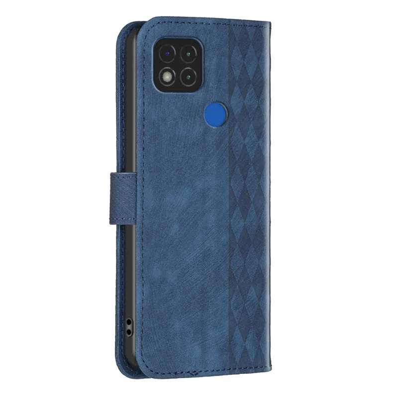 Stand Shell for Xiaomi Poco C31 / Redmi 9C / 9C NFC / 10A Phone Wallet Case Grid Pattern Imprinting Cover - Blue