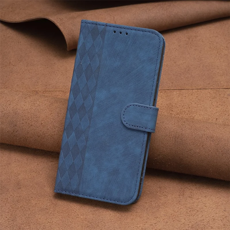 Stand Shell for Xiaomi Poco C31 / Redmi 9C / 9C NFC / 10A Phone Wallet Case Grid Pattern Imprinting Cover - Blue