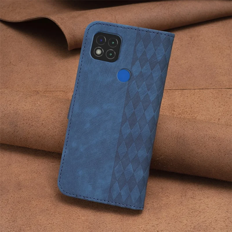 Stand Shell for Xiaomi Poco C31 / Redmi 9C / 9C NFC / 10A Phone Wallet Case Grid Pattern Imprinting Cover - Blue