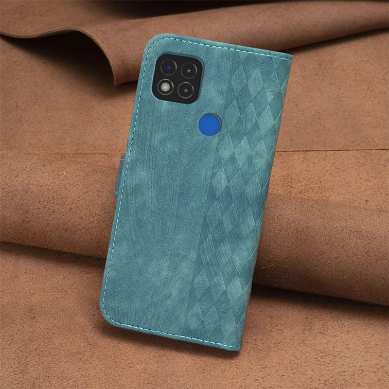 Guscio in piedi per Xiaomi Poco C31 / Redmi 9C / 9C NFC / 10A Custodia Portafoglio per Telefono Motivo a Griglia in Rilievo - Verde