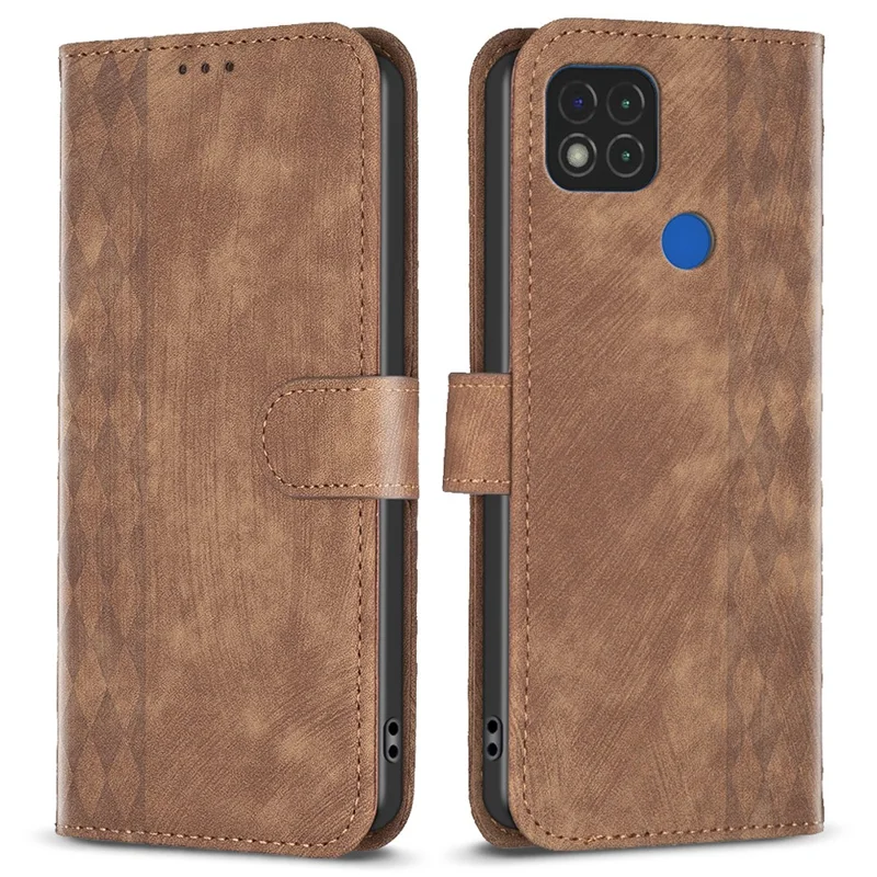 Stand Shell for Xiaomi Poco C31 / Redmi 9C / 9C NFC / 10A Phone Wallet Case Grid Pattern Imprinting Cover - Brown