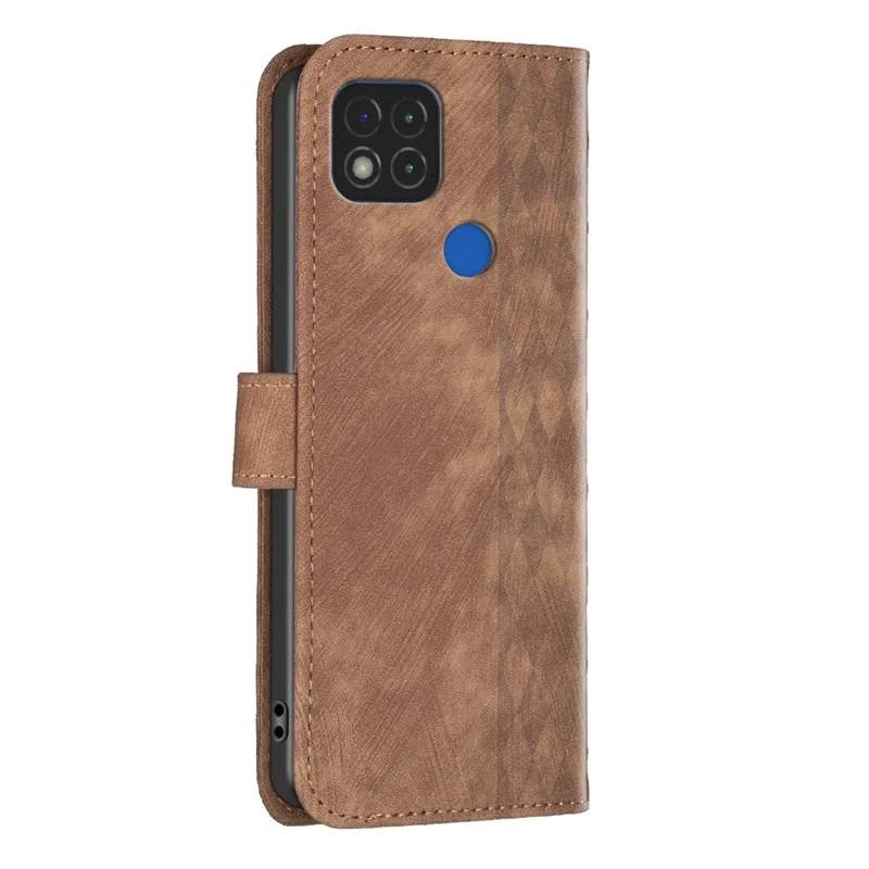 Stand Shell for Xiaomi Poco C31 / Redmi 9C / 9C NFC / 10A Phone Wallet Case Grid Pattern Imprinting Cover - Brown