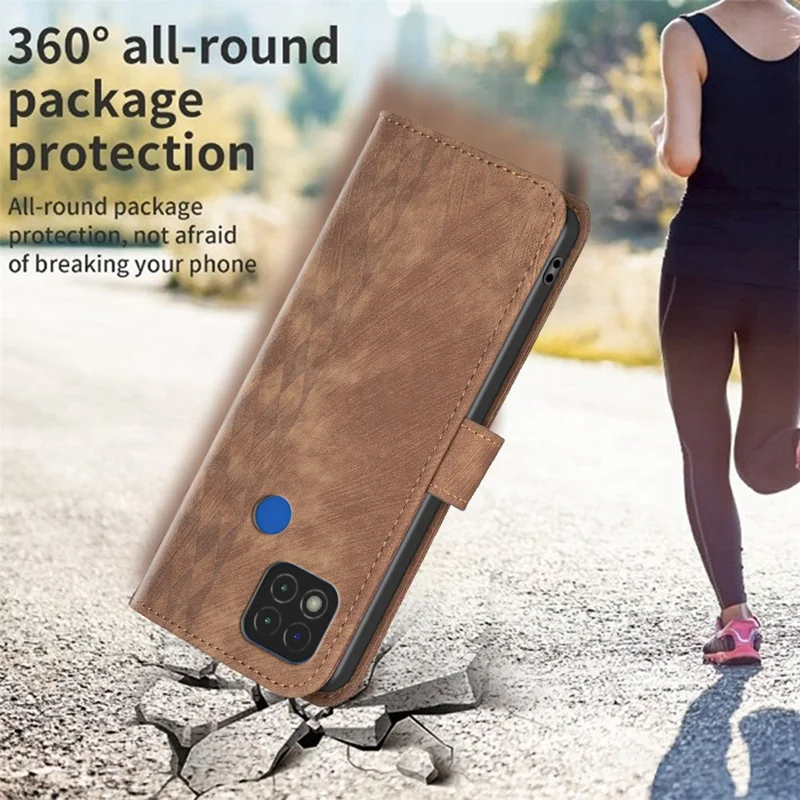 Stand Shell for Xiaomi Poco C31 / Redmi 9C / 9C NFC / 10A Phone Wallet Case Grid Pattern Imprinting Cover - Brown