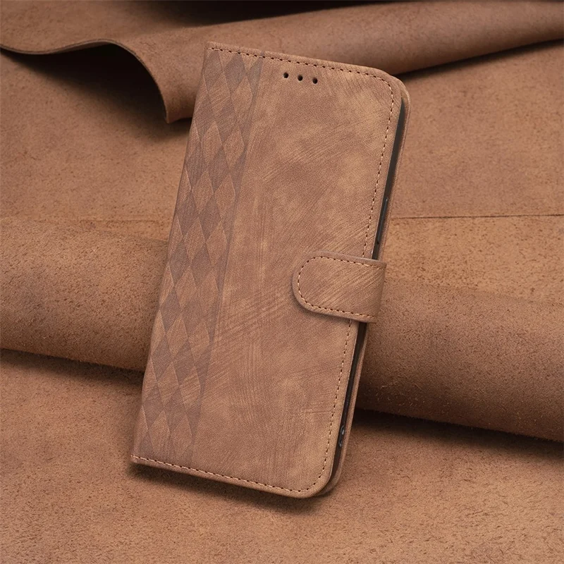 Stand Shell for Xiaomi Poco C31 / Redmi 9C / 9C NFC / 10A Phone Wallet Case Grid Pattern Imprinting Cover - Brown