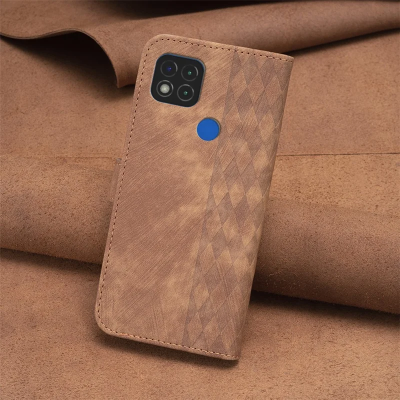 Stand Shell for Xiaomi Poco C31 / Redmi 9C / 9C NFC / 10A Phone Wallet Case Grid Pattern Imprinting Cover - Brown