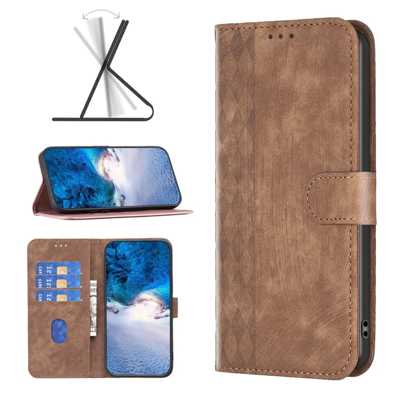 Stand Shell for Xiaomi Poco C31 / Redmi 9C / 9C NFC / 10A Phone Wallet Case Grid Pattern Imprinting Cover - Brown