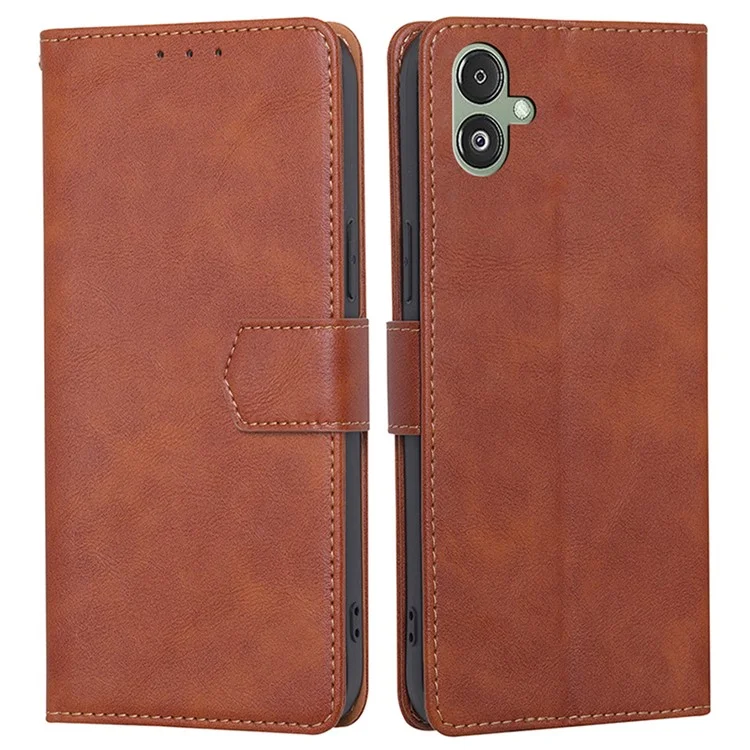 Per Samsung Galaxy F14 5G RFID Blocking Wallet Phone Case PU Leather Cowhide Texture Stand Cover - Marrone