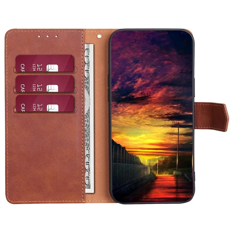 Per Samsung Galaxy F14 5G RFID Blocking Wallet Phone Case PU Leather Cowhide Texture Stand Cover - Marrone
