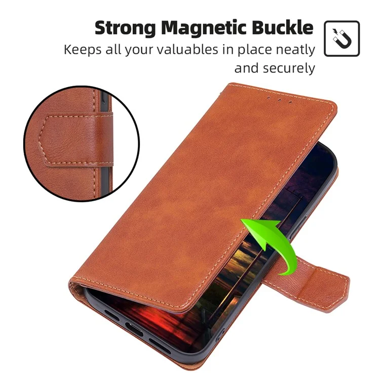 Per Samsung Galaxy F14 5G RFID Blocking Wallet Phone Case PU Leather Cowhide Texture Stand Cover - Marrone