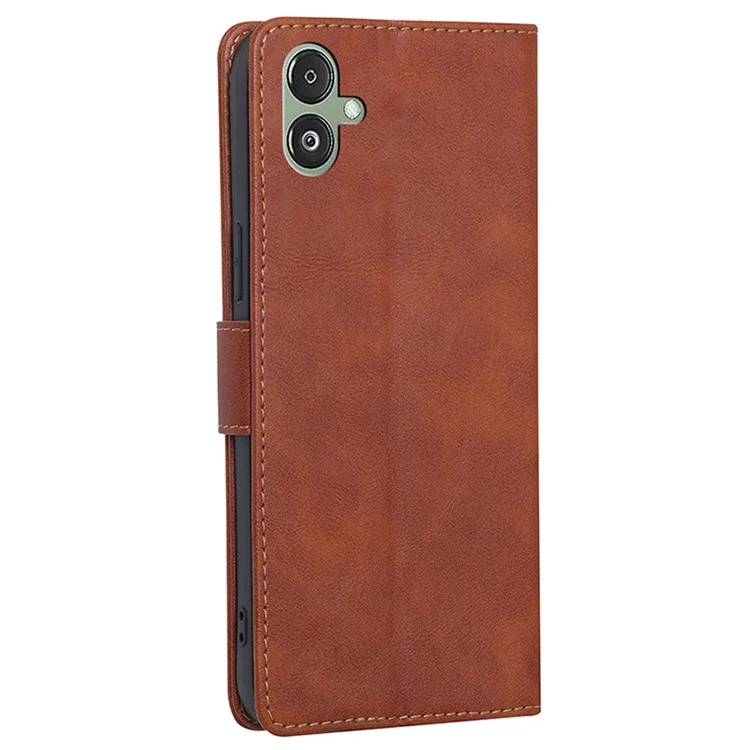 Per Samsung Galaxy F14 5G RFID Blocking Wallet Phone Case PU Leather Cowhide Texture Stand Cover - Marrone