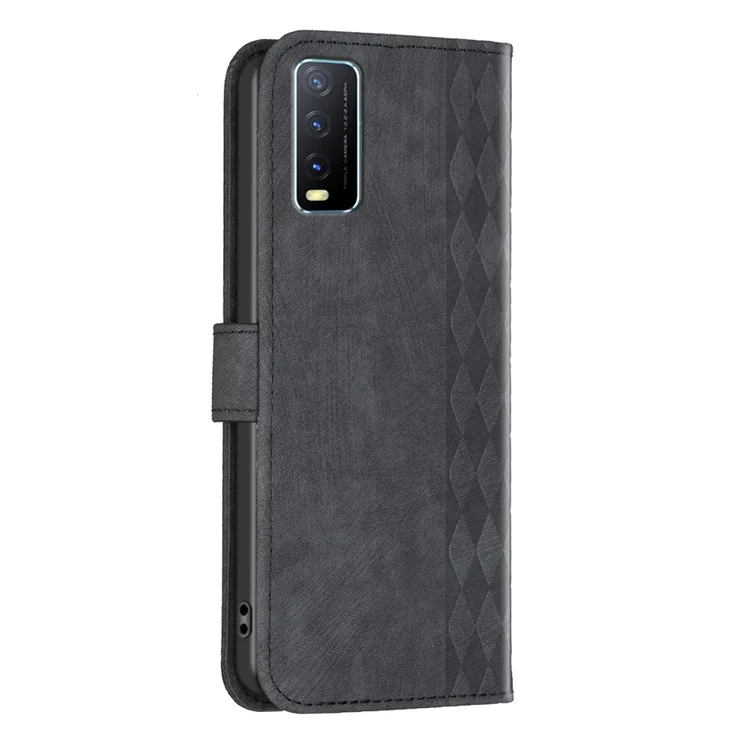 For vivo Y20s / Y11s / Y30 (China) / Y20 / Y20i / iQOO U1x Grid Pattern Imprinting Phone Case Stand Wallet Cover - Black