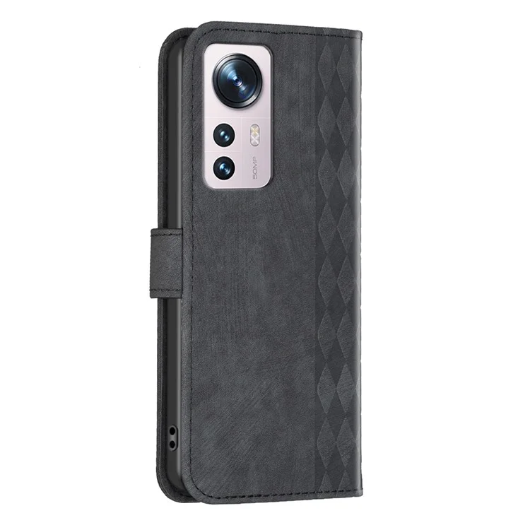 Grid Pattern Imprinted Cover for Xiaomi 12 5G / 12X 5G / 12S 5G Phone Case Stand Wallet PU Leather Shell - Black