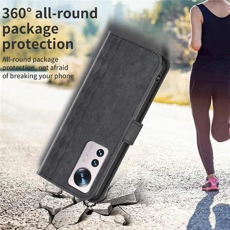 Cubierta con patrón de rejilla estampada para Xiaomi 12 5G / 12X 5G / 12S 5G Funda de teléfono Soporte Cartera Carcasa de piel sintética - Negro