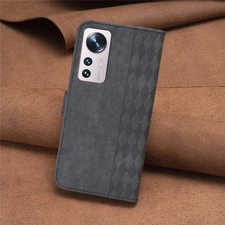 Grid Pattern Imprinted Cover for Xiaomi 12 5G / 12X 5G / 12S 5G Phone Case Stand Wallet PU Leather Shell - Black