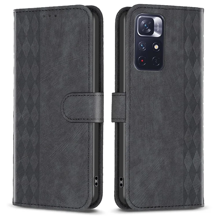 Для Xiaomi Redmi Note 11 4G (Qualcomm) / Note 11S 4G Кожаный чехол для телефона Imprinting Grid Wallet Stand Shell - Черный