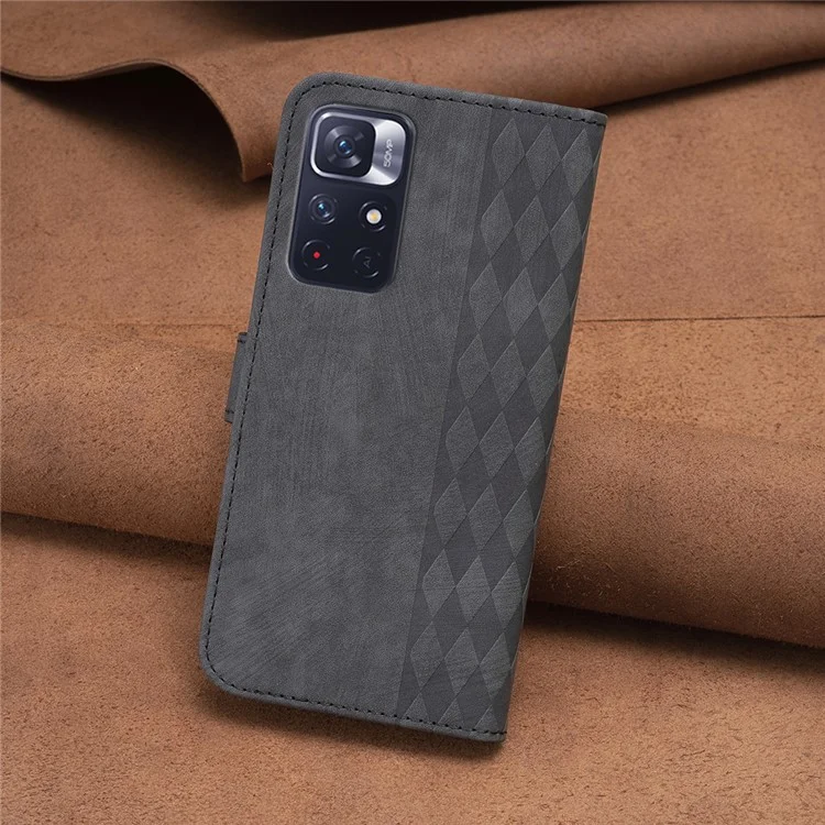 Для Xiaomi Redmi Note 11 4G (Qualcomm) / Note 11S 4G Кожаный чехол для телефона Imprinting Grid Wallet Stand Shell - Черный