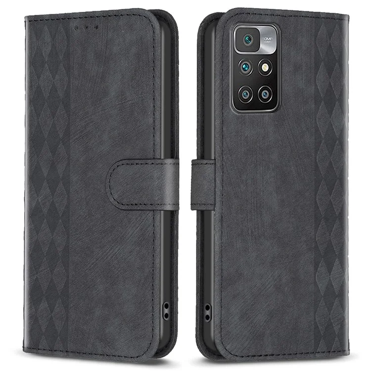 For Xiaomi Redmi Note 11 4G (MediaTek) / Redmi 10 4G (2021) / Redmi 10 2022 4G / 10 Prime Imprinting Grid Wallet Stand Phone Leather Case - Black
