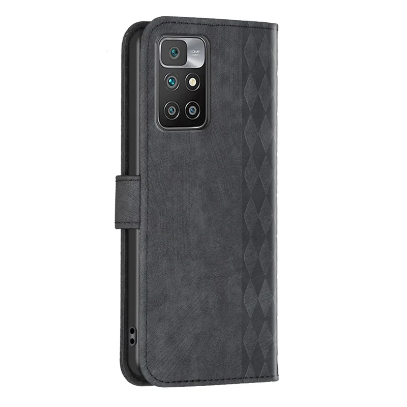 For Xiaomi Redmi Note 11 4G (MediaTek) / Redmi 10 4G (2021) / Redmi 10 2022 4G / 10 Prime Imprinting Grid Wallet Stand Phone Leather Case - Black
