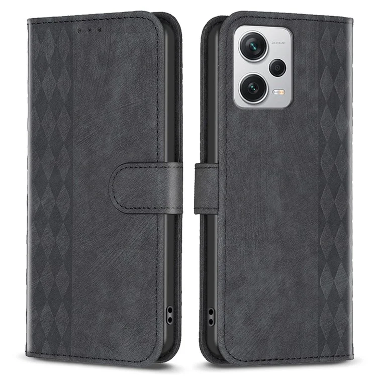 Para Xiaomi Redmi Note 12 Pro+ 5G Capa de Telefone de Couro Impressão Grade Carteira Suporte Anti-queda - Preto