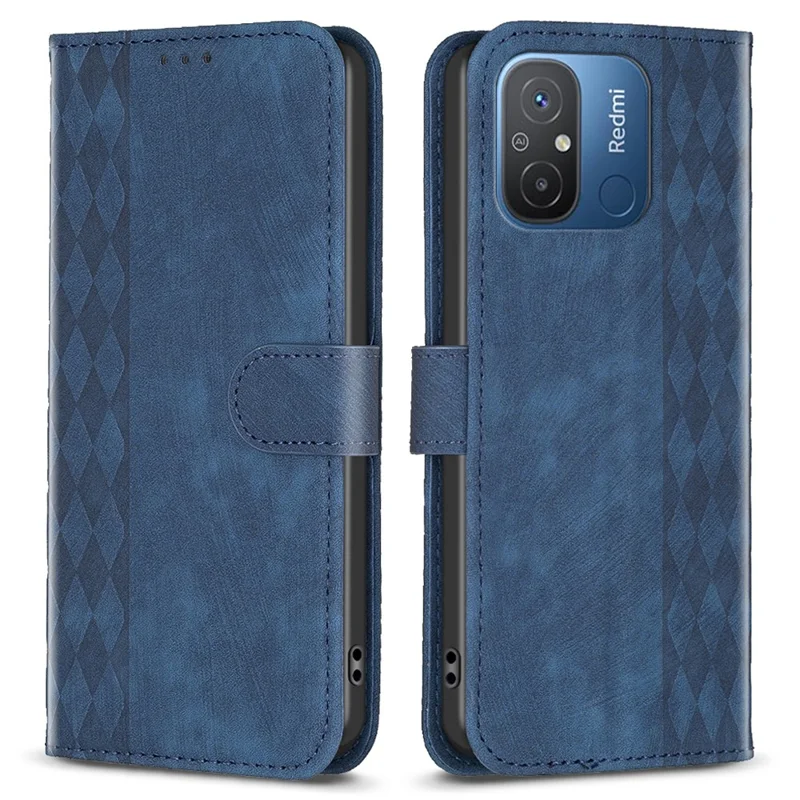 For Xiaomi Poco C55 4G / Redmi 12C 4G PU Leather Phone Case Grid Pattern Imprinted Cover with Stand Wallet - Blue