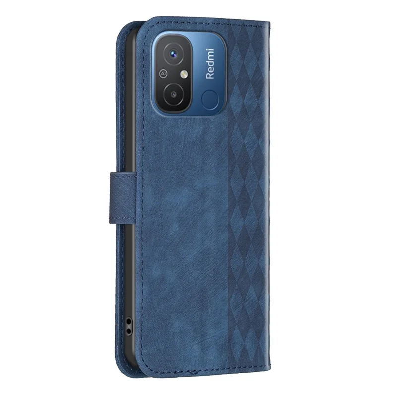 For Xiaomi Poco C55 4G / Redmi 12C 4G PU Leather Phone Case Grid Pattern Imprinted Cover with Stand Wallet - Blue