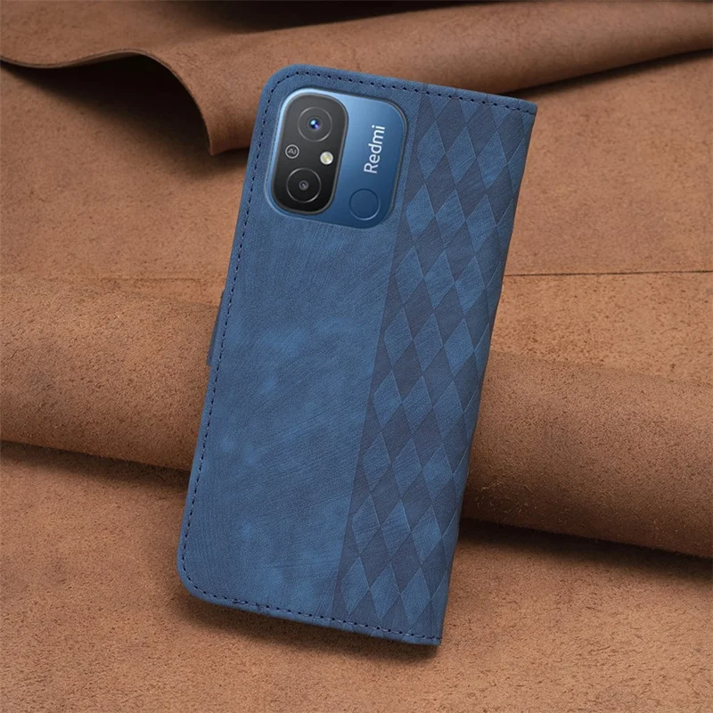For Xiaomi Poco C55 4G / Redmi 12C 4G PU Leather Phone Case Grid Pattern Imprinted Cover with Stand Wallet - Blue
