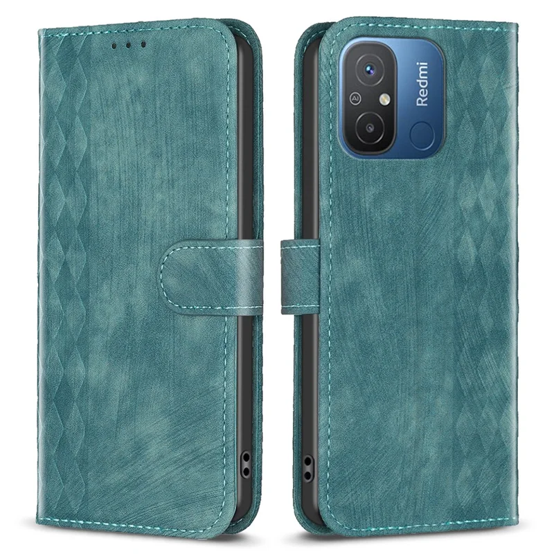 For Xiaomi Poco C55 4G / Redmi 12C 4G PU Leather Phone Case Grid Pattern Imprinted Cover with Stand Wallet - Green