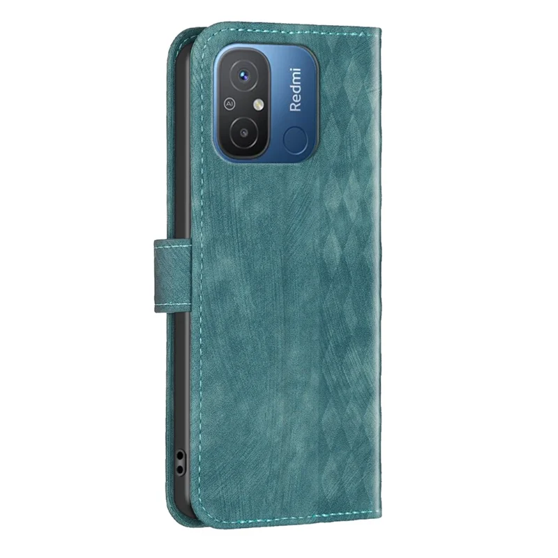 For Xiaomi Poco C55 4G / Redmi 12C 4G PU Leather Phone Case Grid Pattern Imprinted Cover with Stand Wallet - Green