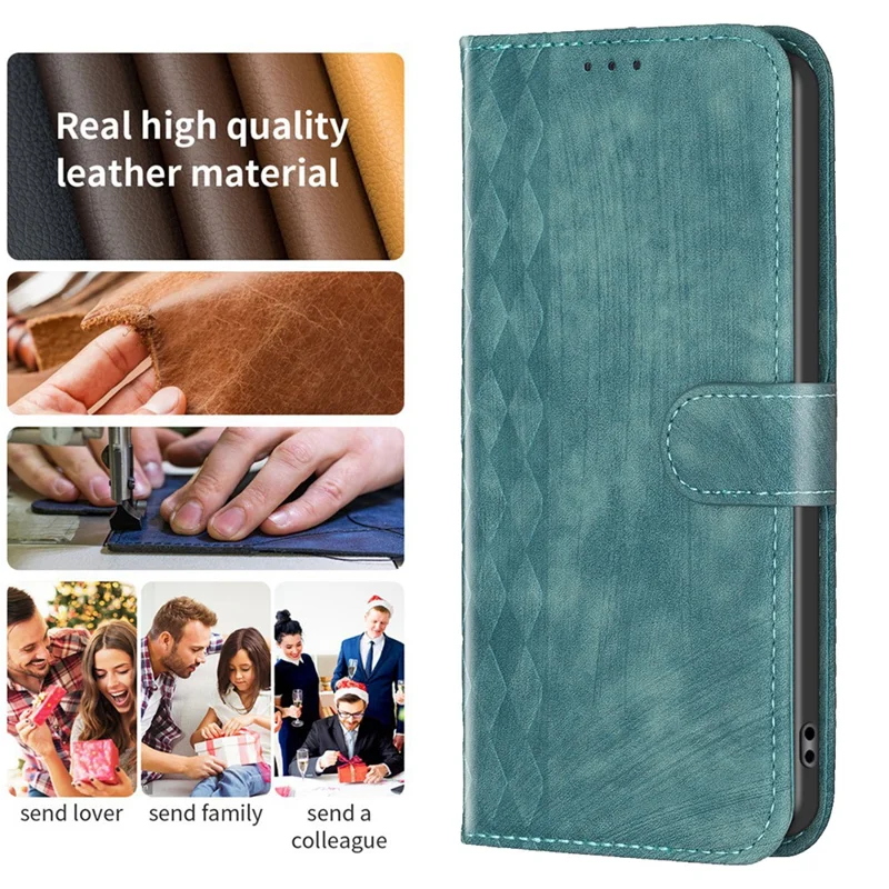 For Xiaomi Poco C55 4G / Redmi 12C 4G PU Leather Phone Case Grid Pattern Imprinted Cover with Stand Wallet - Green