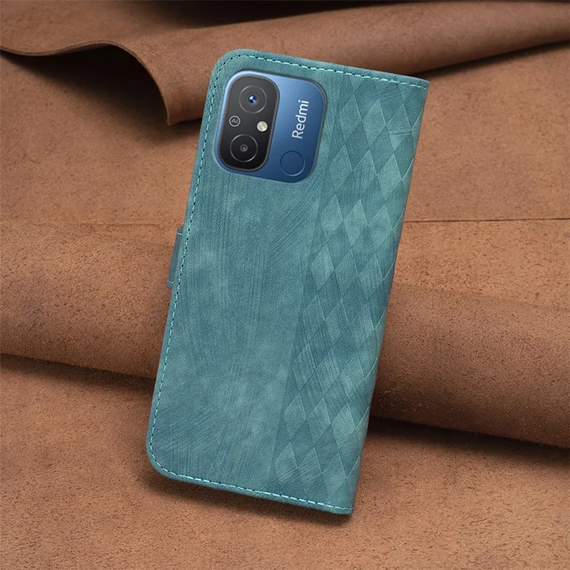 For Xiaomi Poco C55 4G / Redmi 12C 4G PU Leather Phone Case Grid Pattern Imprinted Cover with Stand Wallet - Green
