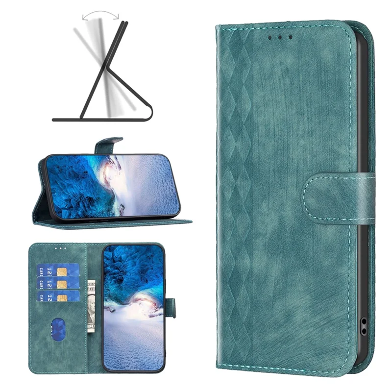 For Xiaomi Poco C55 4G / Redmi 12C 4G PU Leather Phone Case Grid Pattern Imprinted Cover with Stand Wallet - Green