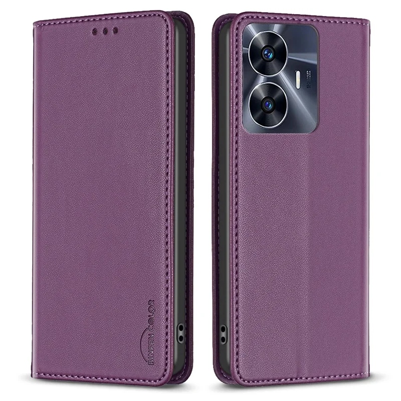 BINFEN COLOR BF18 PU Leather Phone Cover for Realme C55 4G Card Slots Stand Cell Phone Case - Dark Purple