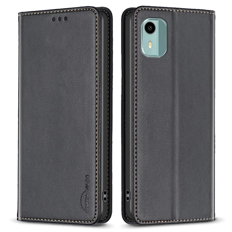 BINFEN COLOR BF18 For Nokia C12 4G/C12 Plus/C12 Pro PU Leather Card Holder Phone Cover Anti-drop Stand Case - Black