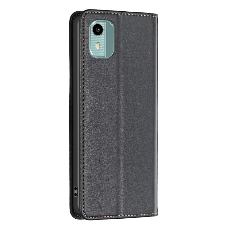 BINFEN COLOR BF18 For Nokia C12 4G/C12 Plus/C12 Pro PU Leather Card Holder Phone Cover Anti-drop Stand Case - Black