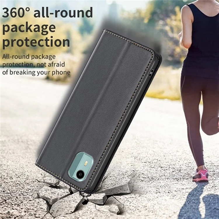 BINFEN COLOR BF18 For Nokia C12 4G/C12 Plus/C12 Pro PU Leather Card Holder Phone Cover Anti-drop Stand Case - Black