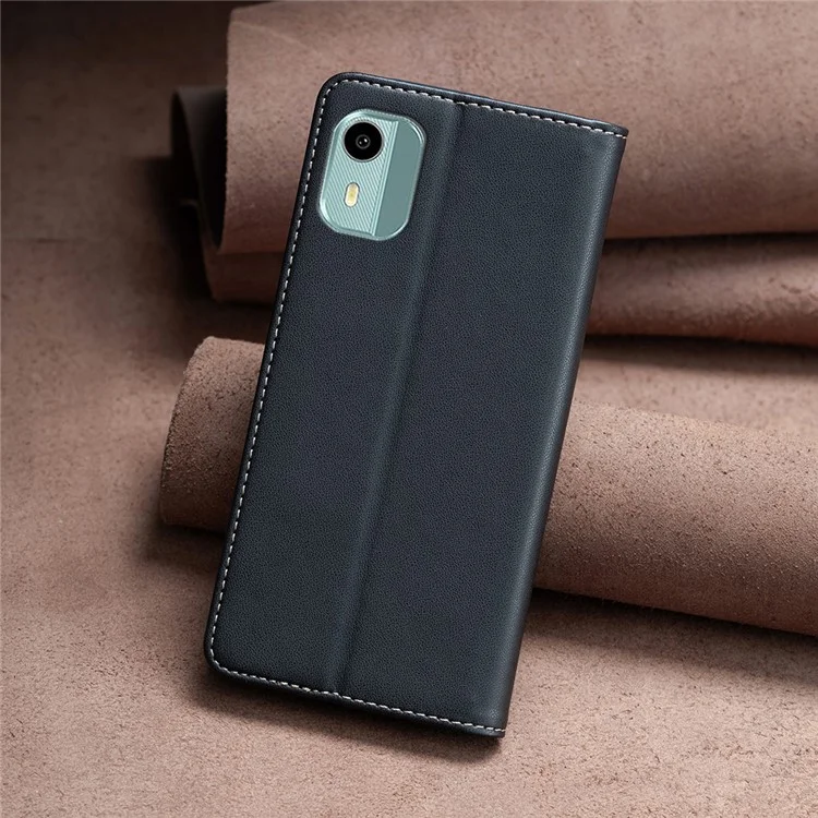 BINFEN COLOR BF18 For Nokia C12 4G/C12 Plus/C12 Pro PU Leather Card Holder Phone Cover Anti-drop Stand Case - Black
