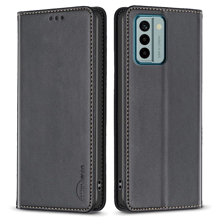 BINFEN COLOR BF18 For Nokia G22 PU Leather Card Holder Shell Magnetic Flip Stand Phone Case - Black