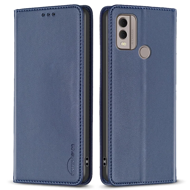 BINFEN COLOR BF18 For Nokia C22 Leather Card Holder Phone Case Magnetic Closing Stand Cover - Blue