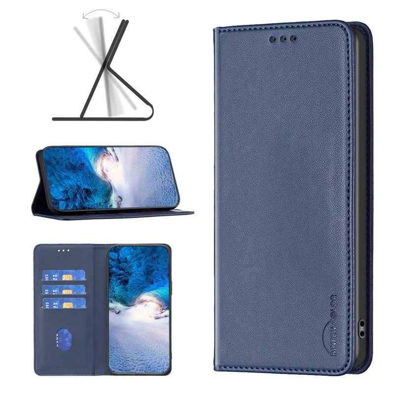 BINFEN COLOR BF18 For Nokia C22 Leather Card Holder Phone Case Magnetic Closing Stand Cover - Blue