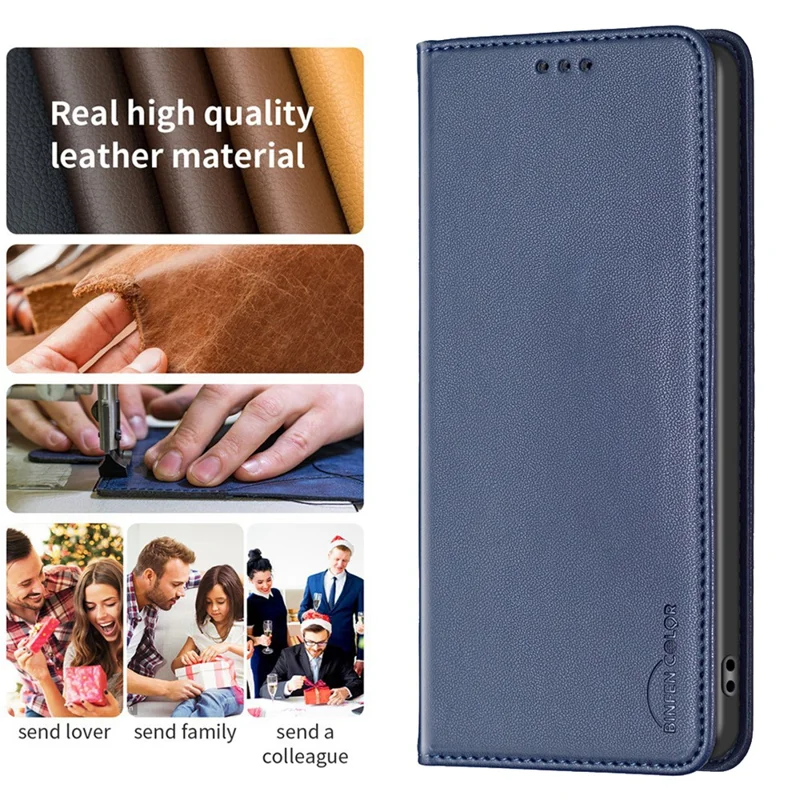 BINFEN COLOR BF18 For Nokia C22 Leather Card Holder Phone Case Magnetic Closing Stand Cover - Blue