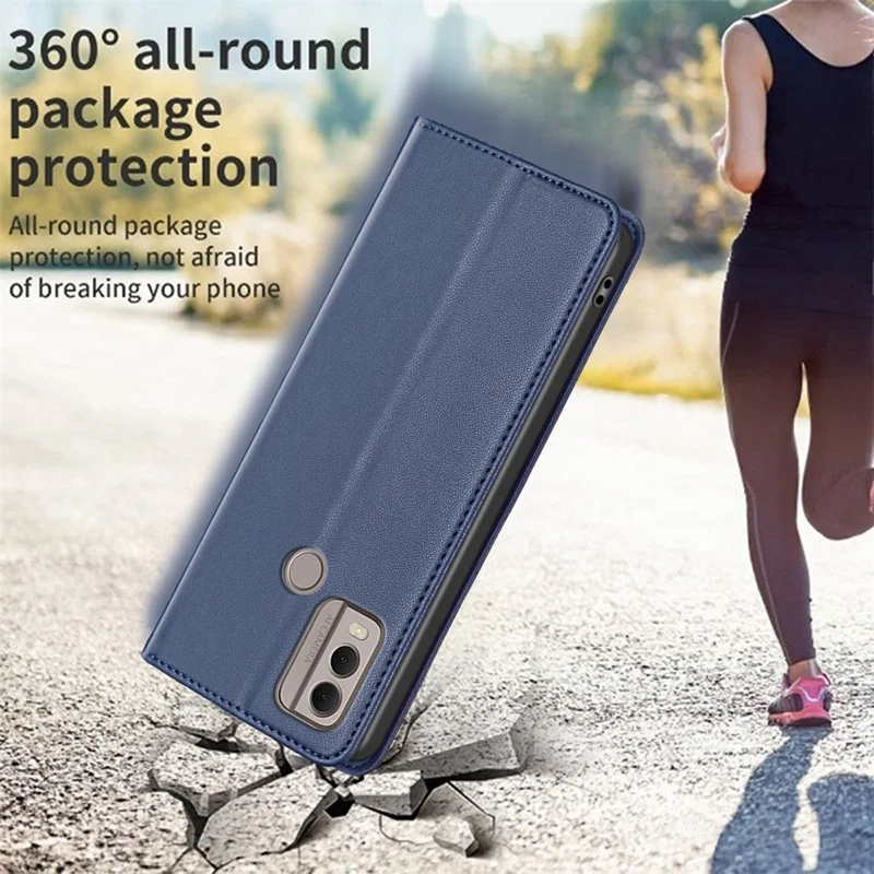 BINFEN COLOR BF18 For Nokia C22 Leather Card Holder Phone Case Magnetic Closing Stand Cover - Blue