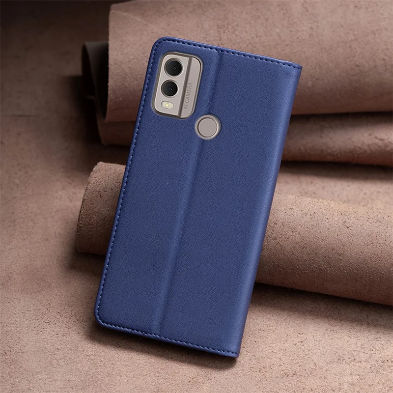 BINFEN COLOR BF18 For Nokia C22 Leather Card Holder Phone Case Magnetic Closing Stand Cover - Blue