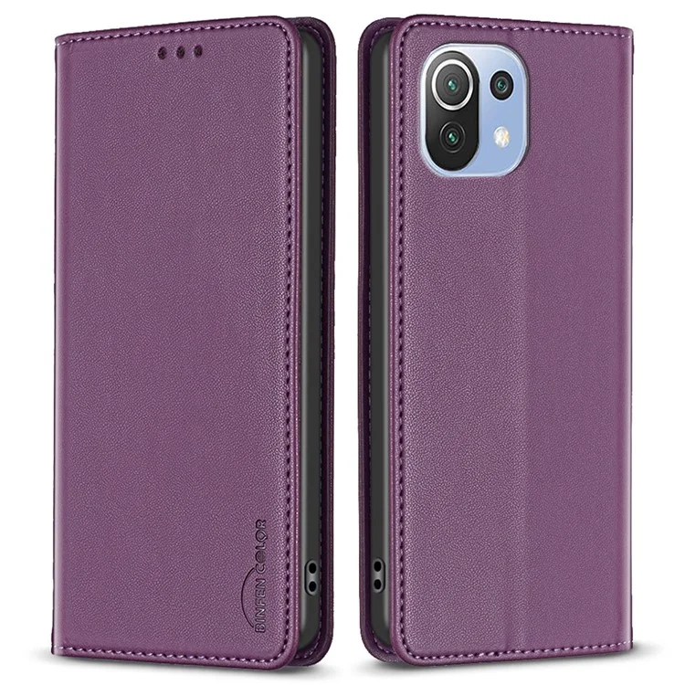 BINFEN COLOR BF18 Para Xiaomi Mi 11 Lite 4G / 5G / 11 Lite 5G NE Funda para teléfono Funda de piel sintética con portacartas - Morado oscuro