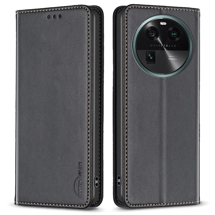 BINFEN COLOR BF18 Funda de Teléfono de Cuero para Oppo Find X6 Ranura para Tarjetas Soporte Resistente a Golpes Cubierta de Teléfono - Negro
