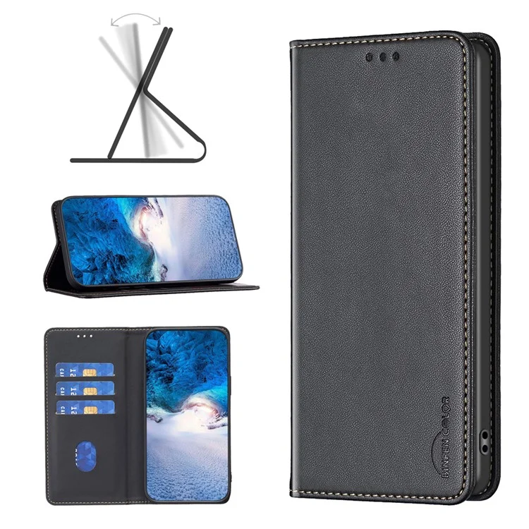 BINFEN COLOR BF18 Funda de Teléfono de Cuero para Oppo Find X6 Ranura para Tarjetas Soporte Resistente a Golpes Cubierta de Teléfono - Negro