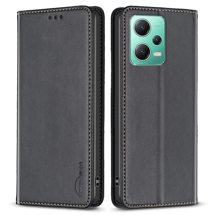 Leather Case for Xiaomi Redmi Note 12 5G (China) / (India) / (Global) / Poco X5 5G BINFEN COLOR BF18 Card Slots Phone Stand Cover - Black